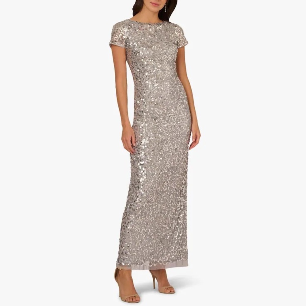 Adrianna Papell M 8 Beaded Sequin Dress Gown Short Sleeve Gold Floor Length Gown